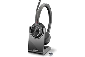 Schnurloses Poly Voyager 4320 UC-Headset und Ladestation – Stereo-Kopfhörer mit Noise Cancelling-Mikrofonarm, Verbindung mit PC/Mac/Mobiltelefon über Bluetooth, Kompatibel: Teams (zertifiziert), Zoom
