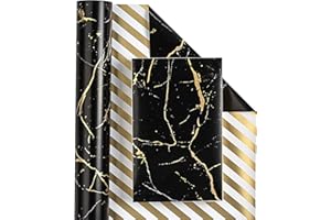 RUSPEPA Carta Da Regalo Reversibile - 43,2 cm X 10 m Design In Marmo Nero E Oro, Perfetta Per Compleanni, Vacanze, Festa Del Papà, Baby Shower