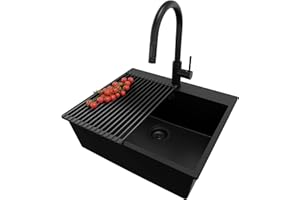 PRIMAGRAN Evier Cuisine en Granit Tout Noir 58x50cm, Lavabo 1 bac + Kit de Vidage + Égouttoir Enroulable, Évier à Encastrer al mueble 60cm - Riga S221