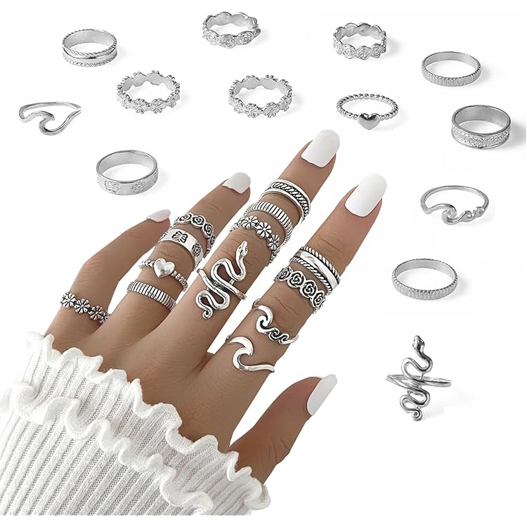 Hifot 22 stuks Knuckle ring zilver dames tiener falanx stapelbare ring parel bloem bohemien vintage verstelbare open ring dames cadeau, adjustable, Legering, Geen edelsteen