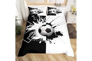 HOMEMISSING Copripiumino con pallone da calcio, set da letto, 200 x 200 cm, per bambini, motivo: calcio, colore: nero e bianco