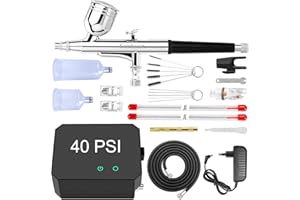 Powate 40 PSI Kit Aérographe Complet Professionnel avec Compresseur Aérographe - 0.2/0.3/0.5 mm Buses pour Nail Art, L'artisanat, la Décoration de Gâteaux, la Conception D'ongles,Noir