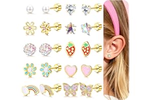 Morfetto 10 Pairs Flat Back Stud Earrings for Women Girls Hypoallergenic Surgical Steel Flower Heart Butterfly Ball Screw Back Studs Set Cute Kids Earrings for Girls Silver/Gold Plated