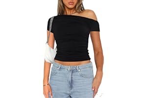 YILEEGOO Women's Y2K Slim Fit Crop Tops Casual Solid Color Off Shoulder Crew Neck Long Sleeve Tight T-Shirt Basic Blouse Tee Tops