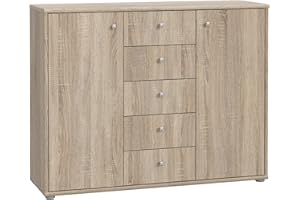 FORTE TEMPRA 2 Kommode mit 2 Türen und 5 Schubladen, Holzwerkstoff, Sonoma Eiche, 108.8 x 85.5 x 34.8 cm