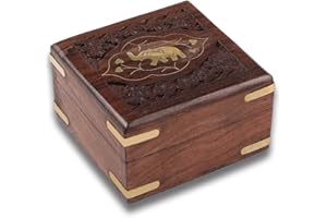 Handy Kala Wooden Box-Sheesham Wood Handmade Jewellery Box with Lid, Velvet Interior, Floral Carving Detail, Brass Inlay-Storage Box for Crystals,Jewels,Trinket,Charms,Valuables(Small, Brass&Carving)