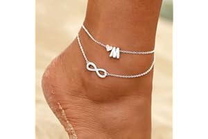 TseenYi - Cavigliera Boho Infinity in argento a strati con cuore, lettera M, per donne e ragazze