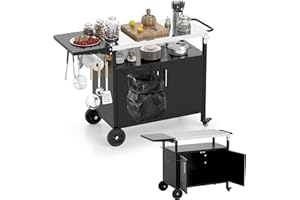 KOMFOTTEU Carro de Barbacoa con Encimera de Acero Inoxidable Plegable, Carrito Auxiliar con Armario con Puertas, Ganchos y Soporte para Bolsas de Basura, Carro para Parrilla con Toallero