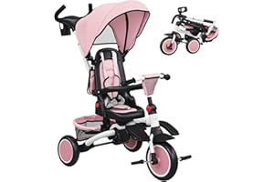 AIYAPLAY Tricycle bébé évolutif 6 en 1, Tricycle Enfant Pliable avec poignée parentale réglable et Capote Amovible, siège pivotant 360°, Poussette bébé avec Harnais de sécurité, Panier et Sac, Rose