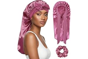 Fantasyon 2 Pezzi Berretto da Notte Raso,Berretto da Notte Raso Elastico con Nastro da Legare,Cappello di Seta Extra Lungo con Ampia Fascia per Dormire in Raso per Donna e Ragazza