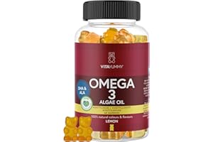 ‎VITAYUMMY VITAYUMMY Vegan Omega 3 für Kinder und Erwachsene, Gummies mit Zitronengeschmack - Gesunde Fette aus Omega 3 Algenöl - Natürliche, Allergenfrei und Gelatinefreie - 60 Gummy Vitamins, 1 Monat