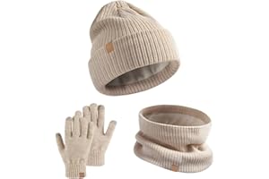 GWAWG Kids Winter Hat Scarf Gloves Set 3 PCS Warm Thermal Knitted Beanie Cap Snood Neck Warmer Touchscreen Mitten Soft Fleece Lining Elastic for Children Aged 5-12 Outdoor Sports