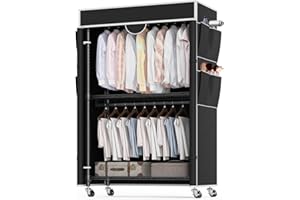 HIMIMI Portant à Vêtements 3 Niveaux avec Housse Portant à Vêtements Robuste sur Roulettes avec Hauteur Réglable, Rail en Métal Stable avec 2 Barres de Suspension et 4 Poches Latérales, 90*45*205cm, Noir