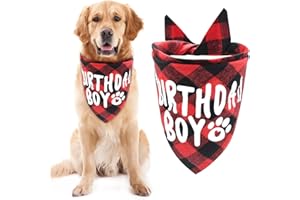 Dog Birthday Bandana, LMSHOWOWO Double Layer Cotton Dog Birthday Bandana Boy, Washable Triangle Plaid Dog Birthday Outfit for Dog Birthday Party Supplies Decorations, Bandanas for Dogs (Red)