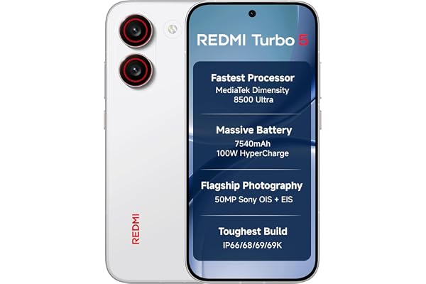 REDMI Turbo 5 (8GB + 256GB) Turbo White | MediaTek Dimensity 8500 Ultra | Mega 7540mAh Battery | 100W HyperCharge | Compact 1