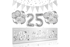 LECONCES Silver Wedding Decoration, 25 Years Silver Wedding Balloons, Long 25 Silver Background Banner Garland for Silver Wedding 25th Wedding Anniversary Decoration