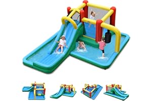 COSTWAY Casa Gonfiabile per Bambini con Scivolo,Scivolo Acquatico Gonfiabile, con Muro per Arrampicarsi, per Interno ed Esterno (Senza soffiatore)