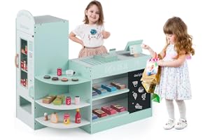 COSTWAY Kinder Kaufladen, trä köksbutik med sidodisk, supermarket-set med kassa, POS-maskin, försäljningsautomat & tavla, ink