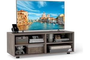 COSTWAY TV Stand Cabinet for TVs up to 40"/55", Wooden Media Entertainment Center with Storage Cubes and Adjustable Shelves, TV Unit Console Table for Living Room Bedroom (Grey Oak, 4 Cubes)