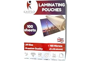 KASTLO A4 Laminating Pouches 100 Pack (160 Micron) - High Gloss Finish Sheets, Anti-Static Formula Self Laminating Pouches A4 - (2x80 Micron) Laminating Sheets - Laminator Pouches for Photos & Documents