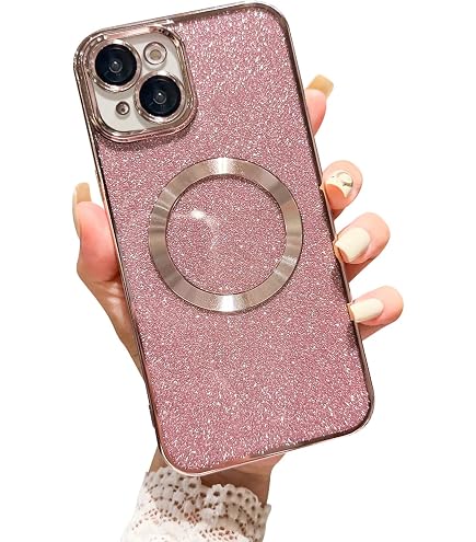 Glitzer Handyhülle Für IPhone 14 Plus Mit MagSafe Ring – Stoßfeste TPU Hülle Mit Ständerfunktion, Rosa