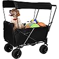 REDCAMP Wagon Cart with Canopy, 150LBS Heavy Duty Folding Beach Cart with All Terrain Big Wheels, Portable Wagon with Brakes for Camping Shopping Fishing Sports