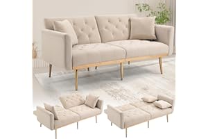 SUPPNEED Sofá de terciopelo Loveseat con capitoné, sofá cama futón convertible con acento, patas de metal doradas, 2 cojines, estilo moderno de mediados de siglo, para sala de estar y dormitorio, beis