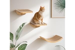 PELUOMOZ Katzentreppe Wand 3er-Set, Katzen Kletterwand mit 2 Kletterstufen & Gebogenen Plattformen, Wandmontiertes Holz Katzenwandmöbel Set für Klettern Spielen Schlafen