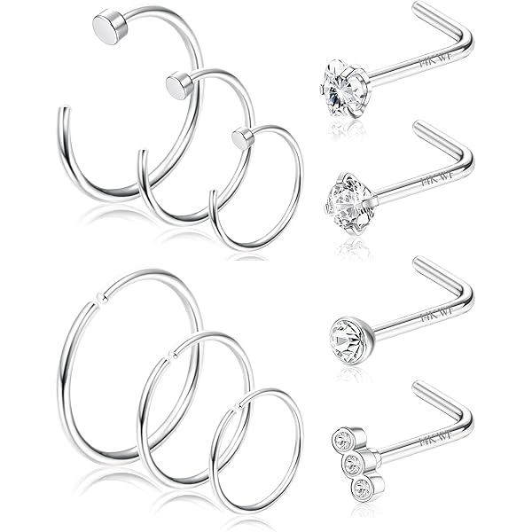 Piercing Al Naso In Acciaio Chirurgico Con Zirconi - 8 Pezzi L Shaped, Ipoallergenici - Foto 7