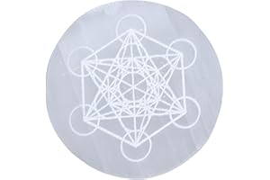 Amazing Gemstone, Piastra di ricarica in cristallo di selenite per cristalli e pietre curative, cubo di metatron inciso con piastra di cristallo di selenite da 4,3" (disco rotondo in selenite)
