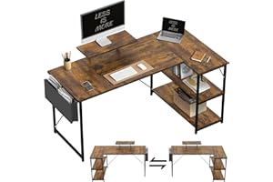 TRIUMPHKEY - Escritorio reversible en L con estantes, escritorio esquinero para ordenador, mesa de oficina en forma de L, 2 niveles, estantes de almacenamiento de bricolaje, 160 cm, marrón vintage