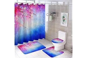 COALHO Juego de 4 piezas de decoración de baño abstracto de fantasía azul galaxia floral acuarela flor de cerezo teñido anudado cortina de ducha con alfombra 12 ganchos, 183 x 183 cm