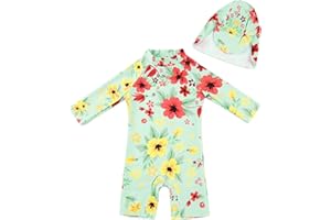 upandfast Maillot 1 pièce bébé Fille avec Fermeture éclair Maillot à Manches Longues et Chapeau Assorti avec Protection Solaire UPF 50+