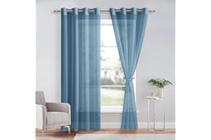 DWCN Lot de 2 Rideaux Voilages à Oeillets pour Fenêtre, Rideau Transparents avec Embrasses pour Salon Chambre d'enfant, Bleu Foncé, 140x240cm (Largeur x Hauteur)