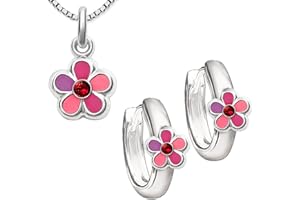CLEVER SCHMUCK Clever Jewellery Set Silver Hoop Earrings Pink/Pink/Purple Flower with Pink Cubic Zirconias and Matching Pendant 925 Silver with Venice Chain 42 cm
