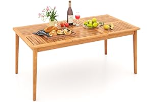 TANGZON Garden Table for 4/6/8, Acacia Wood Outdoor Dining Table with Parasol Hole & Slatted Top, Bistro Patio Dining Furniture for Backyard Balcony Lawn Poolside (170 x 90cm, for 6)