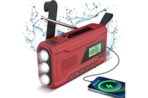 JOVELL Solar Hand Crank Radio, Emergency AM FM Portable Radio with Rechargeable 4500mAh Battery for Outdoor, Compact Portable Radio with USB Phone Charger, LED Flashlight, SOS Alarm, Headphone Jack (Red)