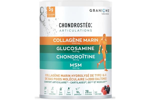 GRANIONS - Collagene Marin Poudre - CHONDROSTEO + Articulations - glucosamine chondroitine msm - collagene articulations - chondroitine - msm - 10g PAR JOUR - Goût Fruits Rouges - 280 g