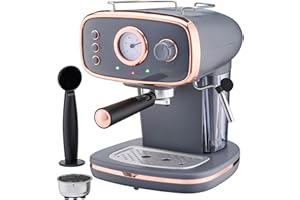 Cooks Professional 15-Bar Retro Espresso Coffee Machine with Frothing Steam Wand, Built-In Temperature Gauge, 1.2L Water Tank & Stainless Steel Drip Tray | Grey & Copper