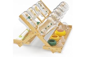 EsLuker.ly Baby Bottle Drying Rack, Bamboo Vertical Dryer Holder Organizer for Kitchen Countertop, Space Saving Foldable Baby Glass Milk Bottle Drain Storage Shelf for New Parents Family, No Assembly