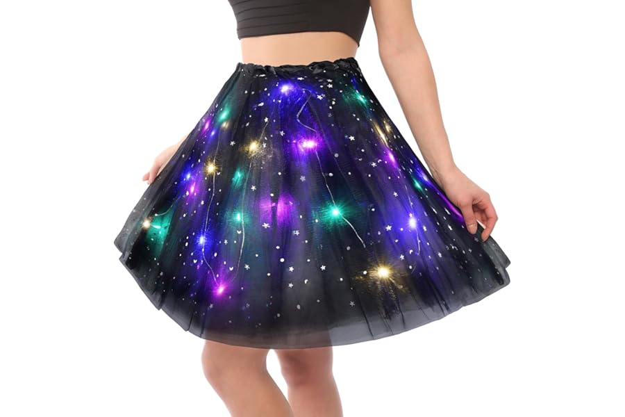 URAQT Tulle Tutu Skirts for Women LED Light Up, Tutu Skirts Sequins Stars Elastic, Tutu Adult Teen Skirt Ballet Dance Festival Outfit Halloween Party Costume