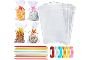 MILRO Cellophane Bags Pack of 60 (5 x 7 Inches) Food Safe Cookie Bags with Mix Colors Gorgeous Pull Bows and Ribbons - Flat Bottom Clear Bags for Sweets, Gifts Packaging for Christmas, Halloween, Birthday