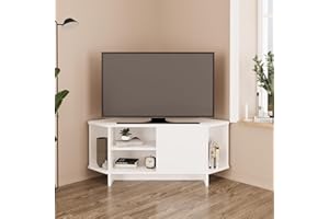 Bimossa Teo Corner TV Stand – Space-Saving TV Unit for 43–48'' TVs, Compact Media Console with Open Shelves & Cabinet, Ready to Assemble, Available in 5 Colours (White)