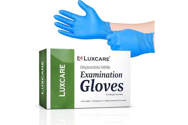 LUXCARE Blue Nitrile Examination Gloves Medium (100 pcs) Powder-Free, Latex-Free, Non-Sterile Disposable Food Grade, Strong & Tear-Resistant, Ambidextrous