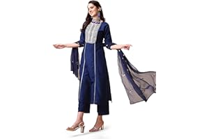 EthnicJunction Damen-Kurta-Hose mit Stickerei, Chinon, A-Linie, Dupatta-Set