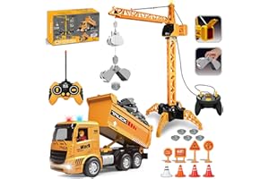 HILKKET Kran & LKW Spielzeug Set, 2.4GHz RC Ferngesteuerter Turmkran & Truck für Kinder ab 6 Jahren, 6-Kanal Elektrokran mit Hebehaken, Leuchtturm und Sound, Konstruktionsspielzeug Set