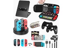 Accessories Bundle for Nintendo Switch, Jane Choi Accessories Kit for Joycon with Carrying Case, Grips, Racing Wheels, Case & Screen Protector, Charging Dock, Switch Playstand, Comfort Grip Case