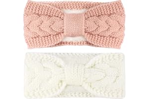 Telgoner Bandeau Cheveux, 2 Pièces Avec Doublure en Peluche, Pour Hiver, Dames/Femmes/Filles (Blanc + Rose)