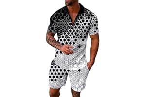 riou Chandal Hombre Completo Verano 2024 Color SóLido Vintage Traje de Moda para Correr Polo Camiseta de Manga Corta Estampada + Pantalones Cortos Ligero y Transpirable Chándal