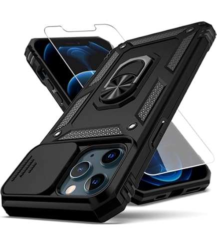 DEERLAMN Case For IPhone 12/12 Pro With Slide Camera Cover Screen Protector(2 Packs),Rotated Ring Kickstand Military Grade Shockproof Protective Cover-Olive Green - View #6